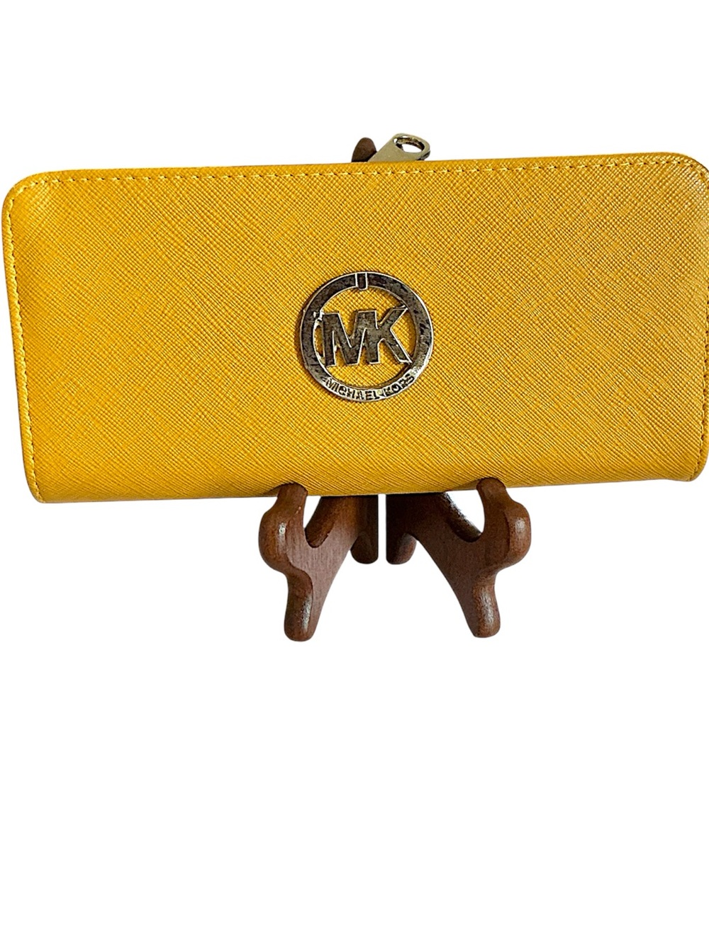 Michael Kors double travel Yellow Saffiano Zip-Around Wallet with Silver MK Logo